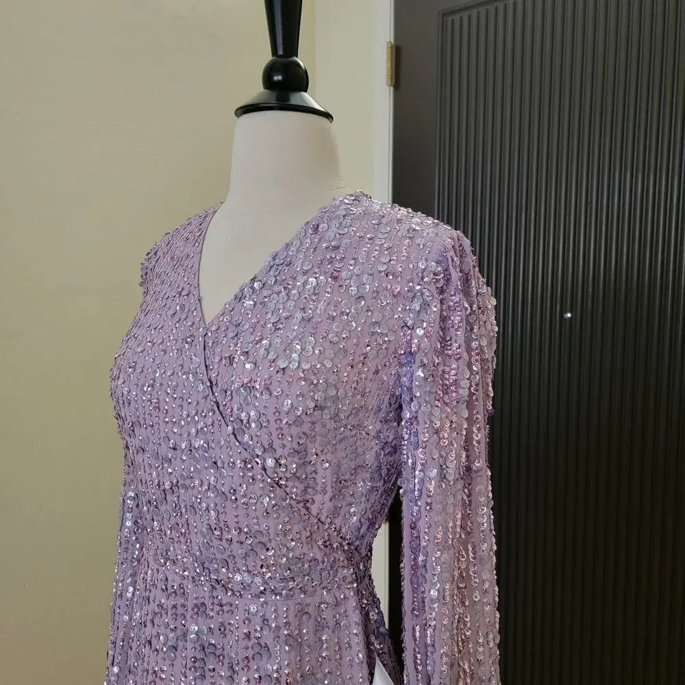 Mac Duggal 107641 Lavender Purple Sequin V Neck Long Sleeve Midi Dress 2 - Picture 7 of 13